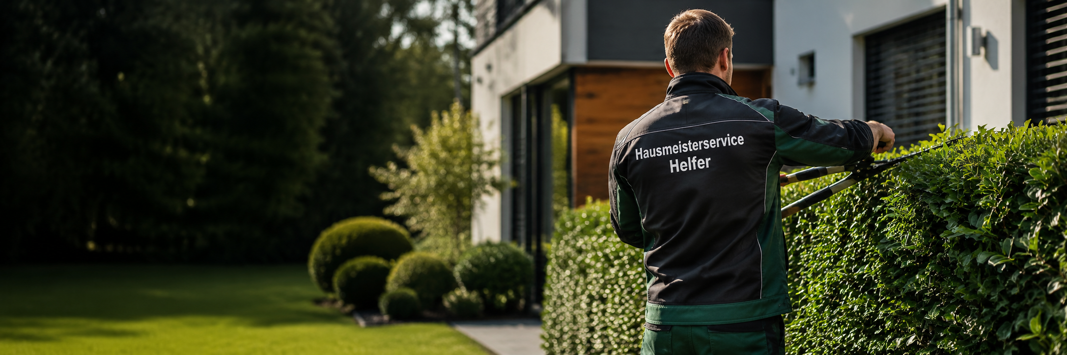 Hausmeister in Arbeitskleidung mit dem Schriftzug Hausmeisterservice Helfer